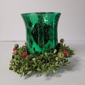 Green Mercury Glass Hurricane Candle Holder with Holly